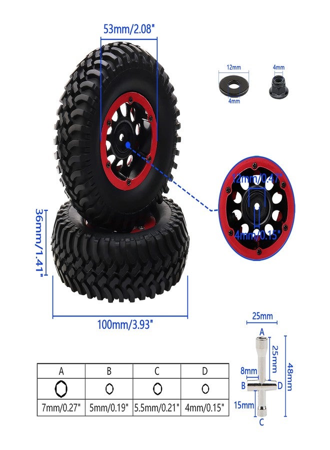Rchobbytop 4-Pack 1.9 Inch Tires and Wheel Rims OD 100mm Off Road Rubber Tyre & Plastic 10-Holes Beadlock Rim 12mm Hex Hub for 1/10 RC Crawler Truck, Red - Image 2